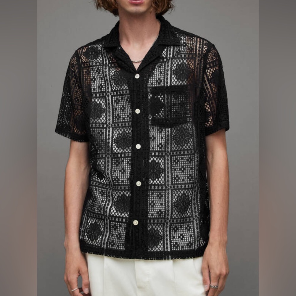 Allsaints Llonga Crochet Black Short Sleeve Shirt Size XL NWT